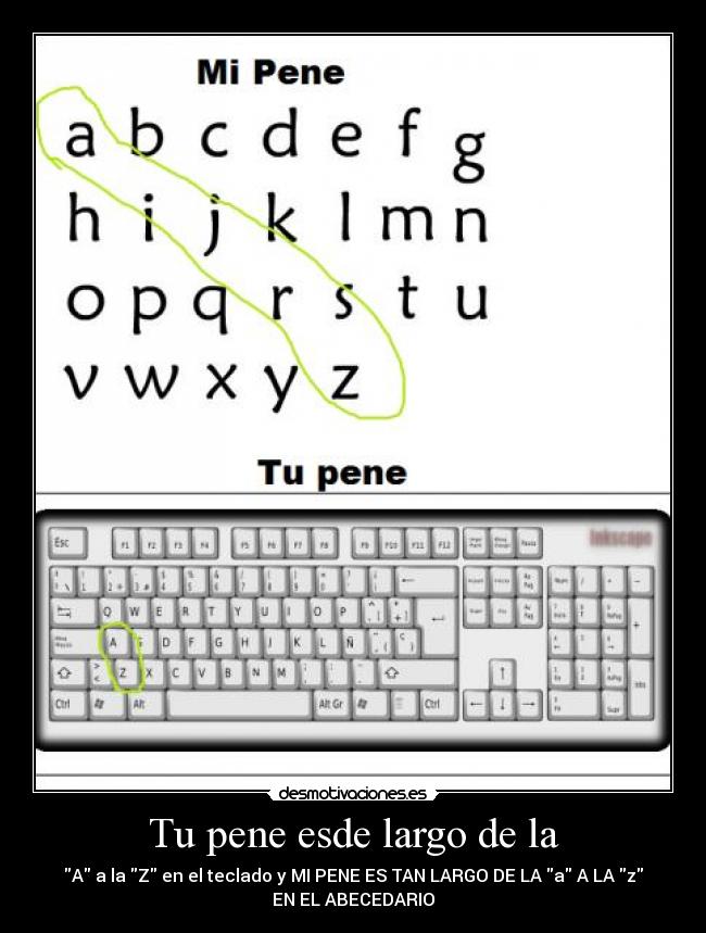 Tu pene esde largo de la - A a la Z en el teclado y MI PENE ES TAN LARGO DE LA a A LA z
EN EL ABECEDARIO