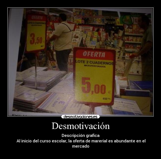 Desmotivación - Descripción grafica
 Al inicio del curso escolar, la oferta de marerial es abundante en el mercado
