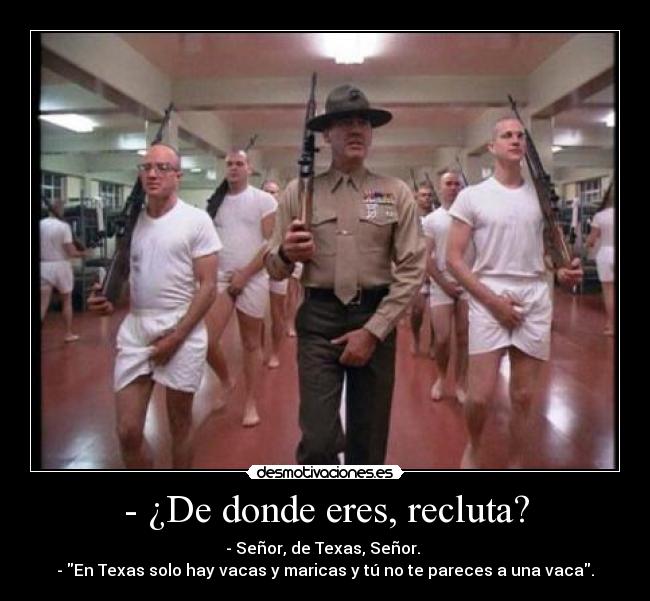 - ¿De donde eres, recluta? - - Señor, de Texas, Señor.
- En Texas solo hay vacas y maricas y tú no te pareces a una vaca.