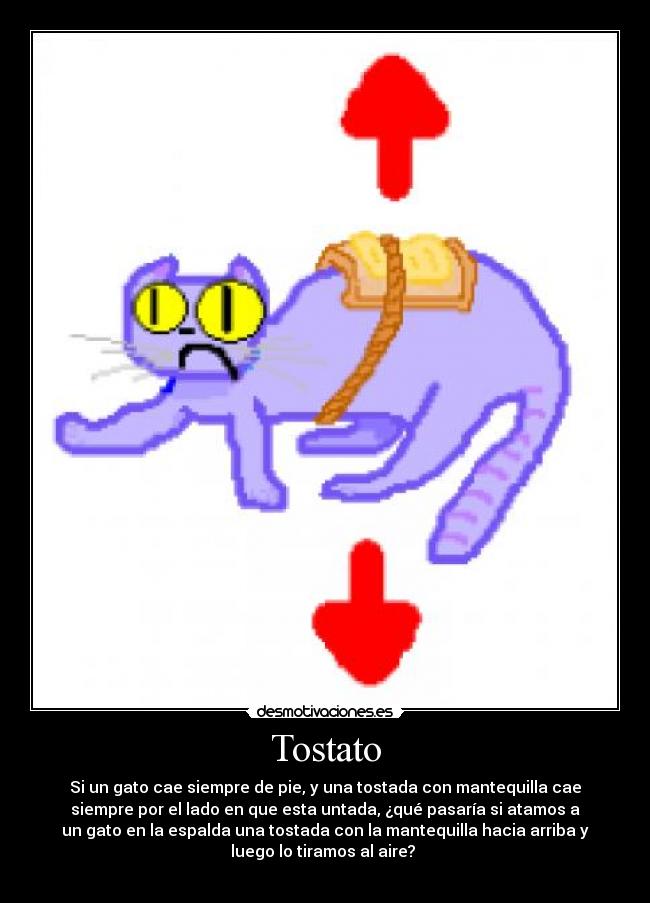 Tostato - Si un gato cae siempre de pie, y una tostada con mantequilla cae
siempre por el lado en que esta untada, ¿qué pasaría si atamos a
un gato en la espalda una tostada con la mantequilla hacia arriba y
luego lo tiramos al aire? 
