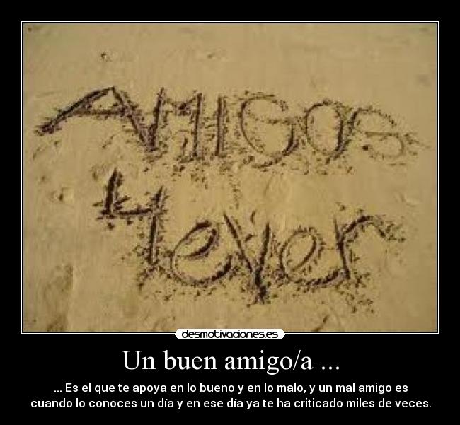Un buen amigo/a ... - ... Es el que te apoya en lo bueno y en lo malo, y un mal amigo es
cuando lo conoces un día y en ese día ya te ha criticado miles de veces.