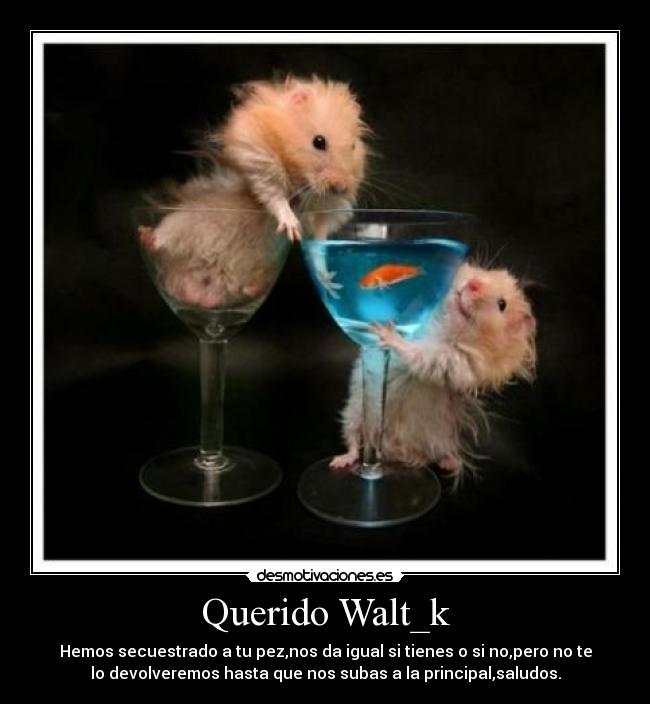 Querido Walt_k - Hemos secuestrado a tu pez,nos da igual si tienes o si no,pero no te
lo devolveremos hasta que nos subas a la principal,saludos.