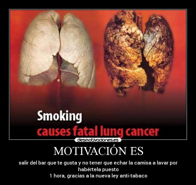 MOTIVACIÓN ES - salir del bar que te gusta y no tener que echar la camisa a lavar por habértela puesto
1 hora, gracias a la nueva ley anti-tabaco