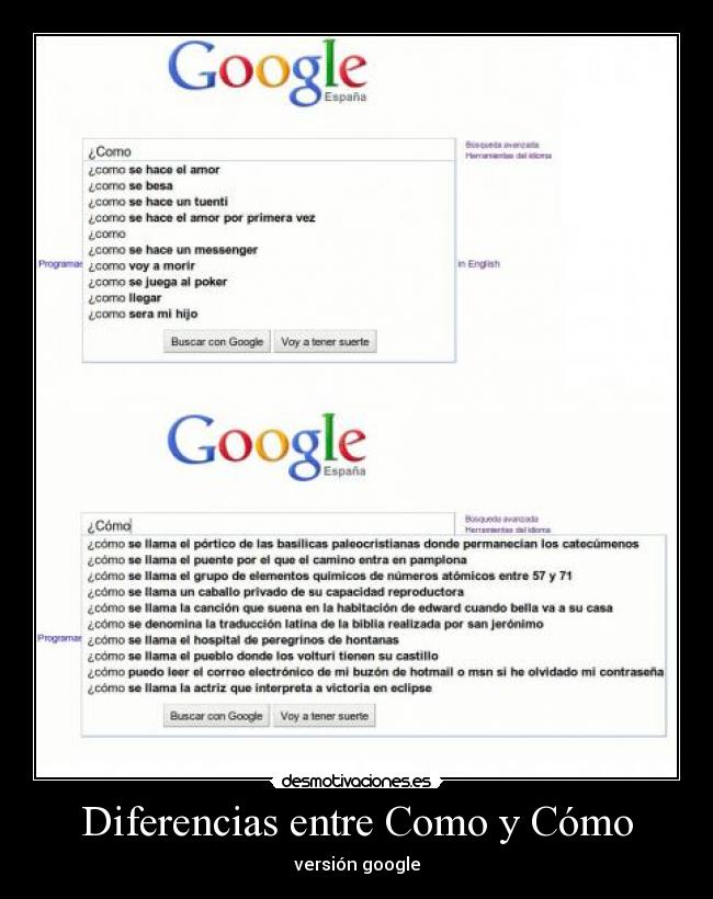 Diferencias entre Como y Cómo - versión google