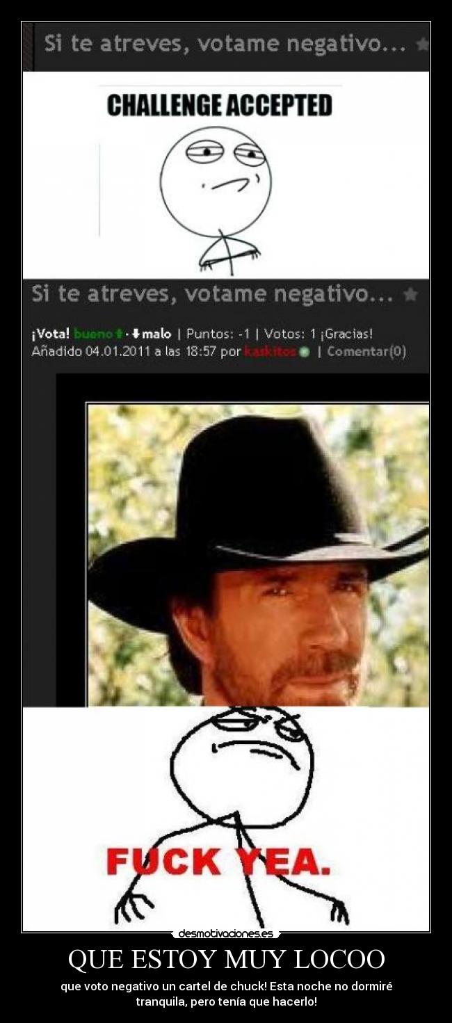 QUE ESTOY MUY LOCOO - que voto negativo un cartel de chuck! Esta noche no dormiré
tranquila, pero tenía que hacerlo!