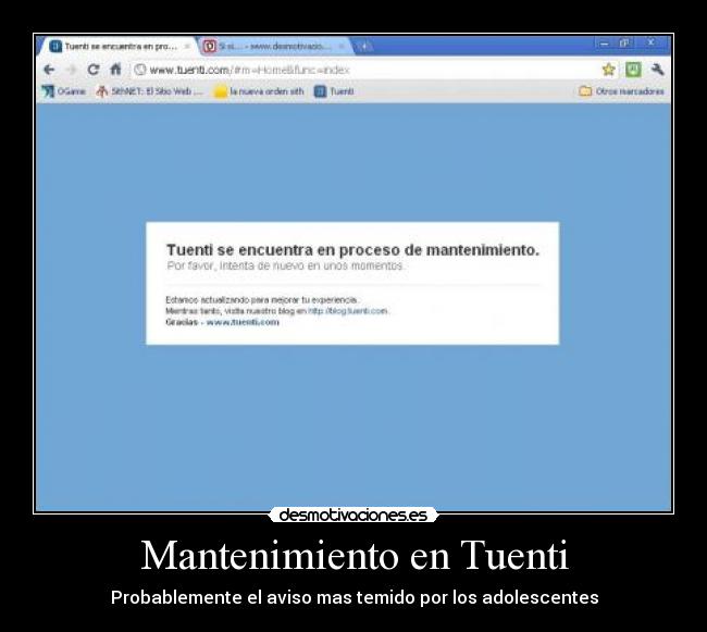 Mantenimiento en Tuenti - Probablemente el aviso mas temido por los adolescentes