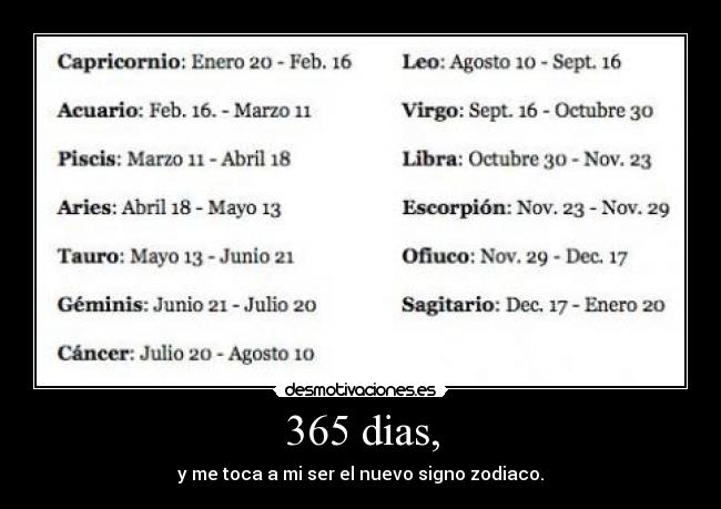 365 dias, - y me toca a mi ser el nuevo signo zodiaco.