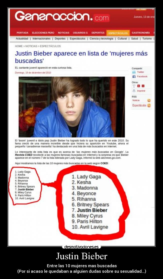 Justin Bieber - Entre las 10 mujeres mas buscadas
(Por si acaso le quedaban a alguien dudas sobre su sexualidad...)