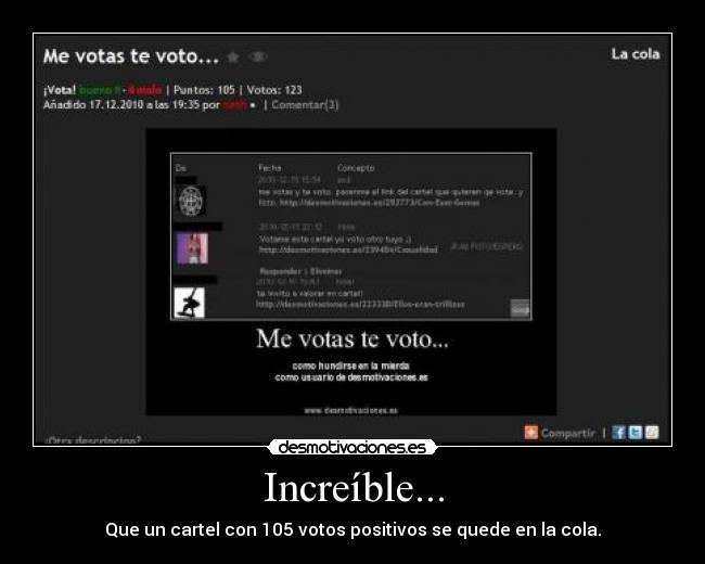 Increíble... - Que un cartel con 105 votos positivos se quede en la cola.