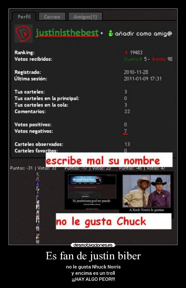 Es fan de justin biber - no le gusta Nhuck Norris
y encima es un troll
¡¡¡HAY ALGO PEOR!!!