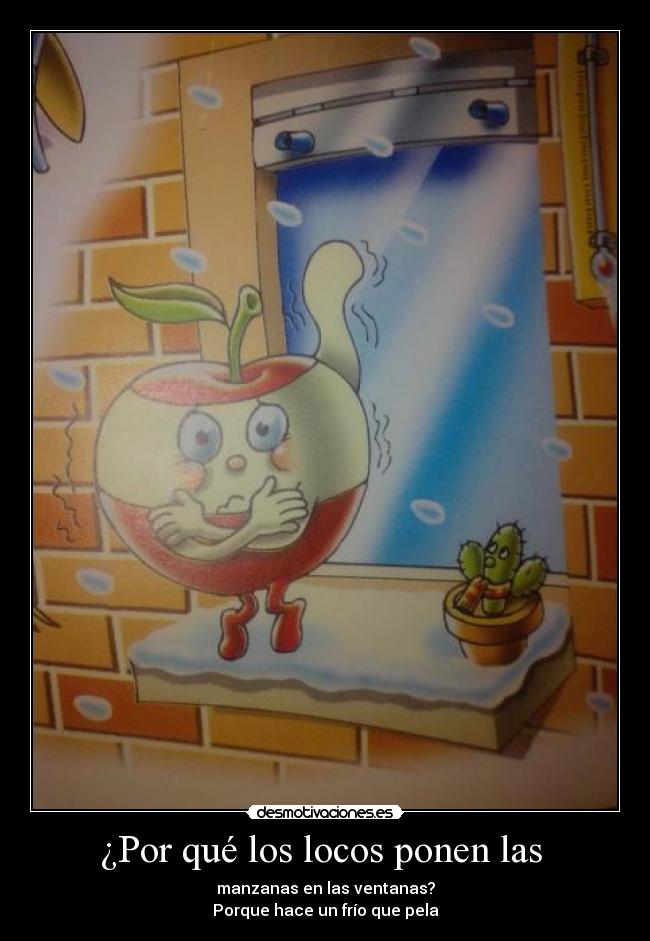 ¿Por qué los locos ponen las  - manzanas en las ventanas?
Porque hace un frío que pela
