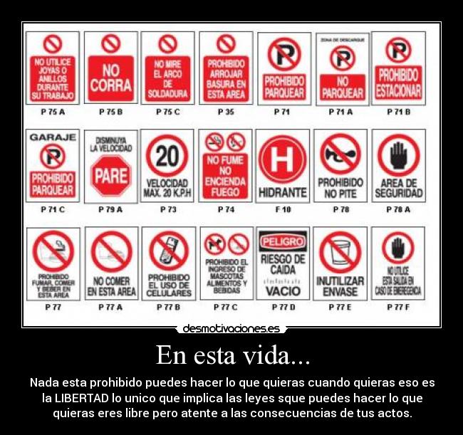 En esta vida... - Nada esta prohibido puedes hacer lo que quieras cuando quieras eso es
la LIBERTAD lo unico que implica las leyes sque puedes hacer lo que
quieras eres libre pero atente a las consecuencias de tus actos.