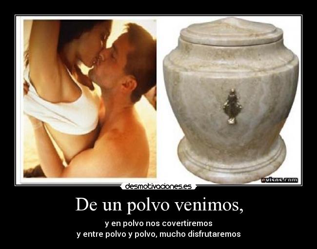 De un polvo venimos, - y en polvo nos covertiremos
y entre polvo y polvo, mucho disfrutaremos