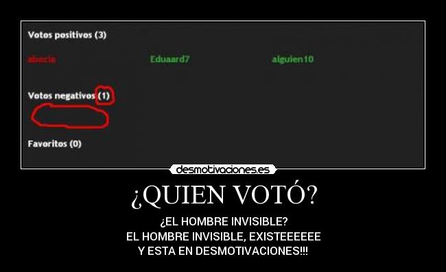 ¿QUIEN VOTÓ? - ¿EL HOMBRE INVISIBLE?
EL HOMBRE INVISIBLE, EXISTEEEEEE
Y ESTA EN DESMOTIVACIONES!!!