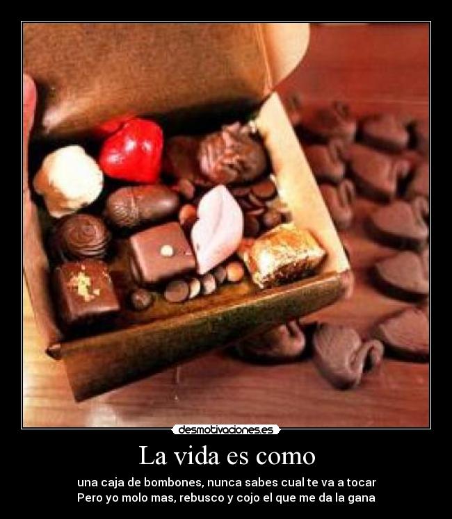 La vida es como - una caja de bombones, nunca sabes cual te va a tocar
Pero yo molo mas, rebusco y cojo el que me da la gana