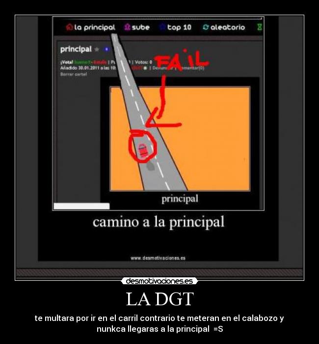 LA DGT - te multara por ir en el carril contrario te meteran en el calabozo y
nunkca llegaras a la principal  =S