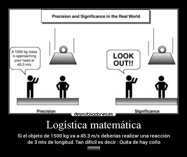 Logística matemática - Si el objeto de 1500 kg va a 45.3 m/s deberías realizar una reacción
de 3 mts de longitud. Tan difícil es decir : Quita de hay coño
!!!!!!!!!!!