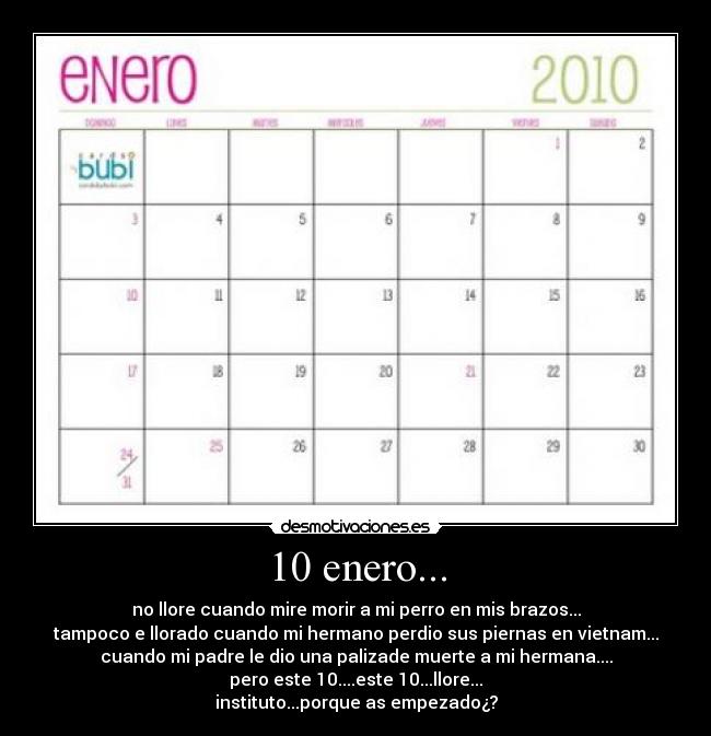 10 enero... - no llore cuando mire morir a mi perro en mis brazos...
tampoco e llorado cuando mi hermano perdio sus piernas en vietnam...
cuando mi padre le dio una palizade muerte a mi hermana....
pero este 10....este 10...llore...
instituto...porque as empezado¿?