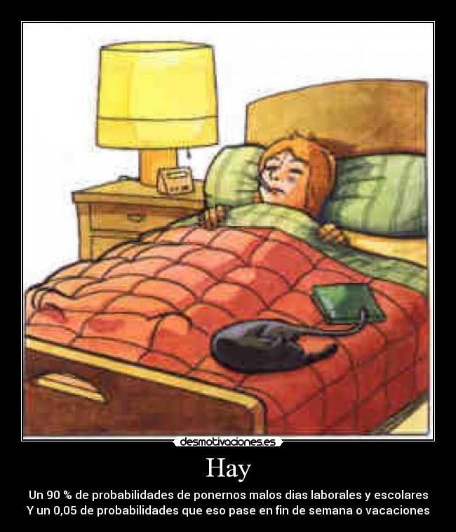 Hay - Un 90 % de probabilidades de ponernos malos dias laborales y escolares
Y un 0,05 de probabilidades que eso pase en fin de semana o vacaciones