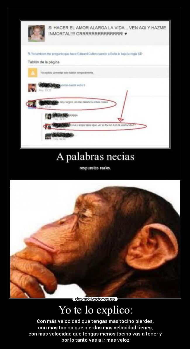 Yo te lo explico: - Con más velocidad que tengas mas tocino pierdes,
con mas tocino que pierdas mas velocidad tienes,
con mas velocidad que tengas menos tocino vas a tener y
por lo tanto vas a ir mas veloz