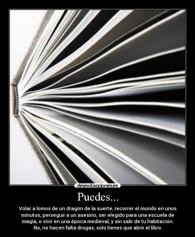 Puedes... - Volar a lomos de un dragón de la suerte, recorrer el mundo en unos
minutos, perseguir a un asesino, ser elegido para una escuela de
magia, o vivir en una época medieval, y sin salir de tu habitación.
No, no hacen falta drogas, solo tienes que abrir el libro.