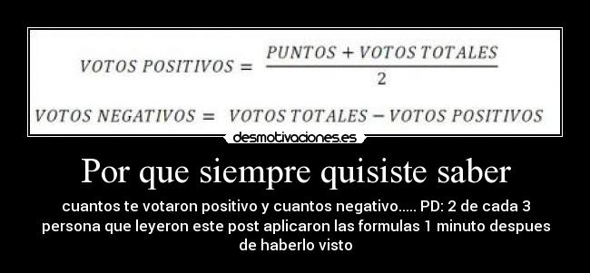 Por que siempre quisiste saber - cuantos te votaron positivo y cuantos negativo..... PD: 2 de cada 3
persona que leyeron este post aplicaron las formulas 1 minuto despues
de haberlo visto