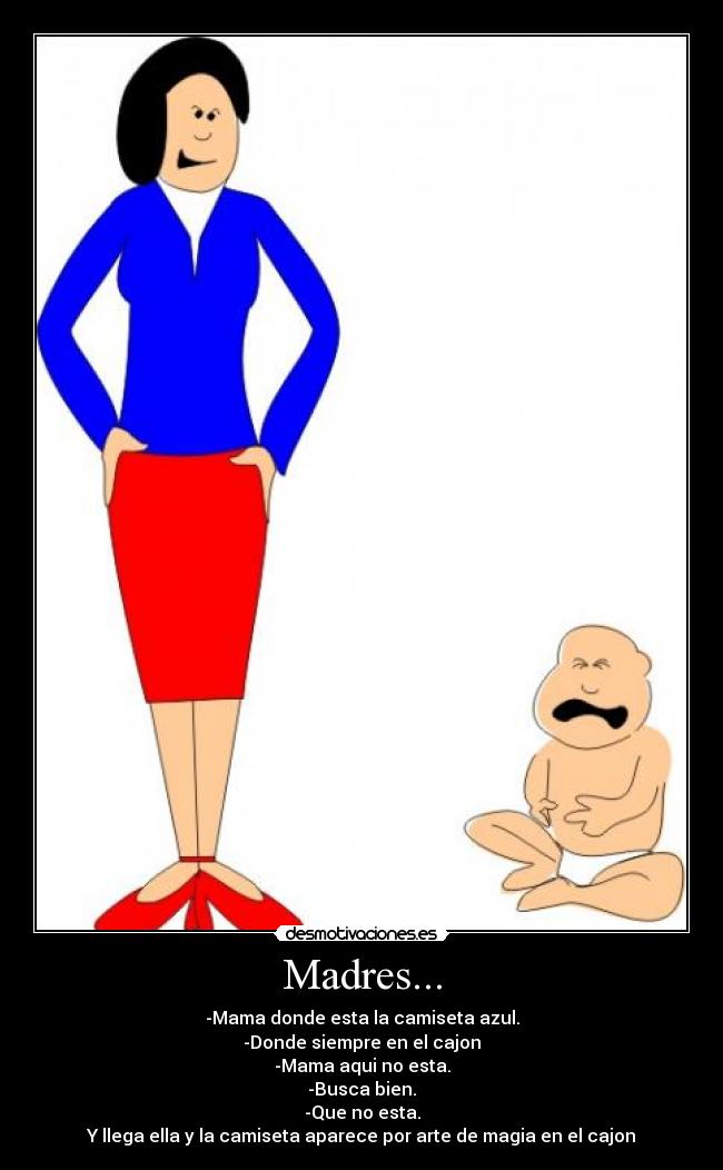Madres... - -Mama donde esta la camiseta azul.
-Donde siempre en el cajon
-Mama aqui no esta.
-Busca bien.
-Que no esta.
Y llega ella y la camiseta aparece por arte de magia en el cajon