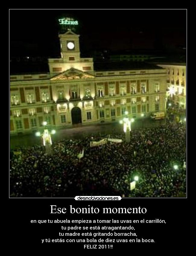 Ese bonito momento - en que tu abuela empieza a tomar las uvas en el carrillón,
tu padre se está atragantando,
tu madre está gritando borracha,
y tú estás con una bola de diez uvas en la boca.
FELIZ 2011!!