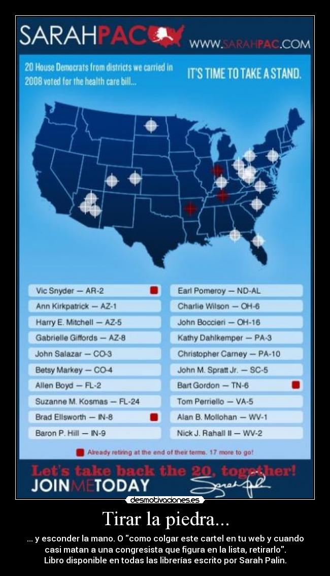 Tirar la piedra... - ... y esconder la mano. O como colgar este cartel en tu web y cuando
casi matan a una congresista que figura en la lista, retirarlo.
Libro disponible en todas las librerías escrito por Sarah Palin.