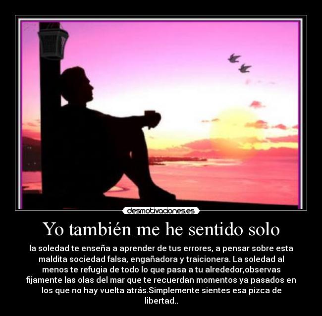 Yo también me he sentido solo - la soledad te enseña a aprender de tus errores, a pensar sobre esta
maldita sociedad falsa, engañadora y traicionera. La soledad al
menos te refugia de todo lo que pasa a tu alrededor,observas
fijamente las olas del mar que te recuerdan momentos ya pasados en
los que no hay vuelta atrás.Simplemente sientes esa pizca de
libertad..