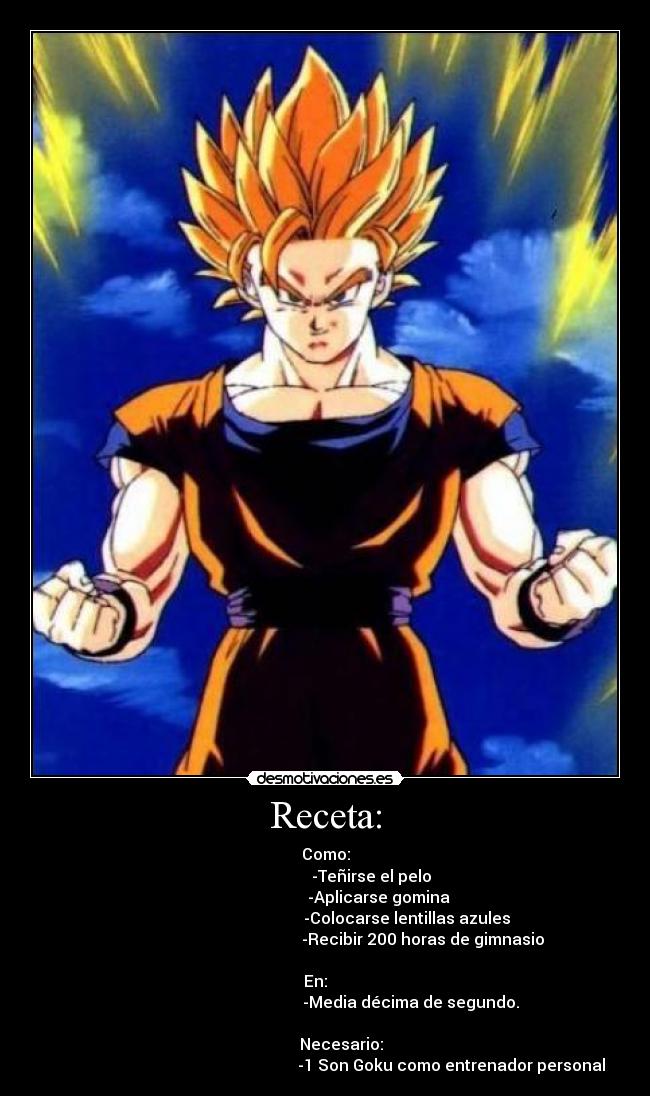 Receta: - Como:
                       -Teñirse el pelo
                           -Aplicarse gomina
                                         -Colocarse lentillas azules
                                                 -Recibir 200 horas de gimnasio

En:     
                                           -Media décima de segundo.

        Necesario:
                                                               -1 Son Goku como entrenador personal