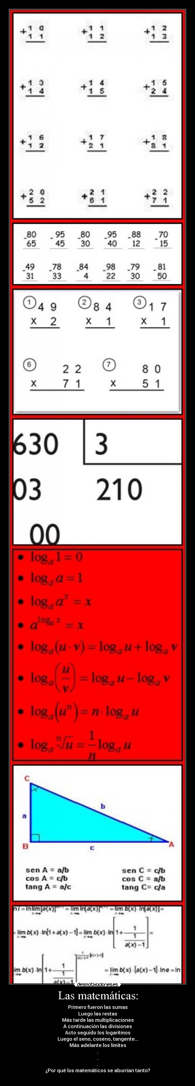 Las matemáticas: - Primero fueron las sumas
Luego las restas
Más tarde las multiplicaciones
A continuación las divisiones
Acto seguido los logaritmos
Luego el seno, coseno, tangente...
Más adelante los límites
.
.
.
¿Por qué los matemáticos se aburrían tanto?