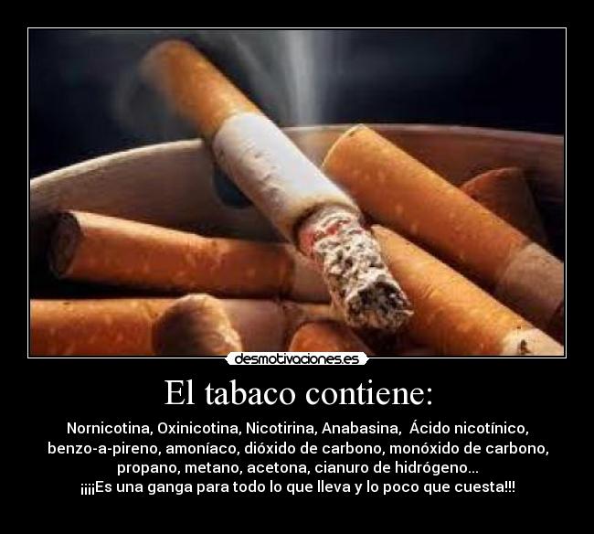 El tabaco contiene: - Nornicotina, Oxinicotina, Nicotirina, Anabasina, Ácido nicotínico,
benzo-a-pireno, amoníaco, dióxido de carbono, monóxido de carbono,
propano, metano, acetona, cianuro de hidrógeno...
¡¡¡¡Es una ganga para todo lo que lleva y lo poco que cuesta!!!