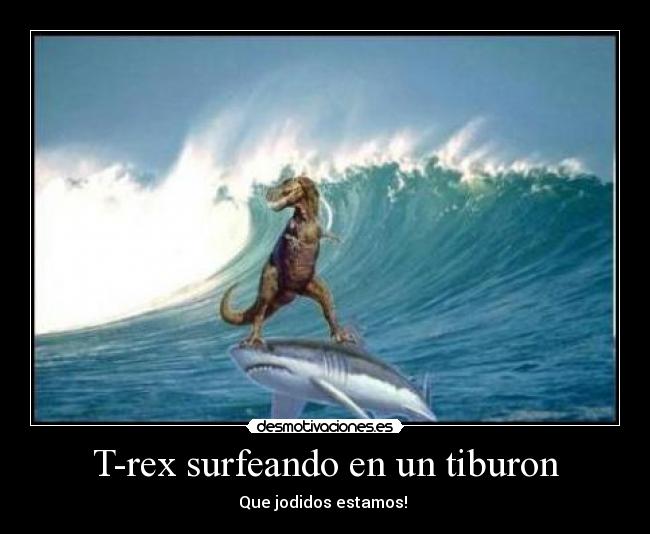 T-rex surfeando en un tiburon -