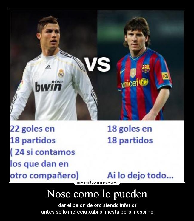 Nose como le pueden - dar el balon de oro siendo inferior
antes se lo merecia xabi o iniesta pero messi no