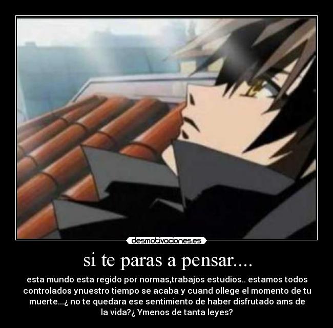 si te paras a pensar.... - esta mundo esta regido por normas,trabajos estudios.. estamos todos
controlados ynuestro tiempo se acaba y cuand ollege el momento de tu
muerte...¿ no te quedara ese sentimiento de haber disfrutado ams de
la vida?¿ Ymenos de tanta leyes?