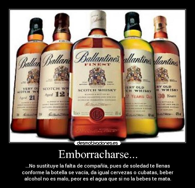 Emborracharse... - ...No sustituye la falta de compañía, pues de soledad te llenas
conforme la botella se vacía, da igual cervezas o cubatas, beber
alcohol no es malo, peor es el agua que si no la bebes te mata.