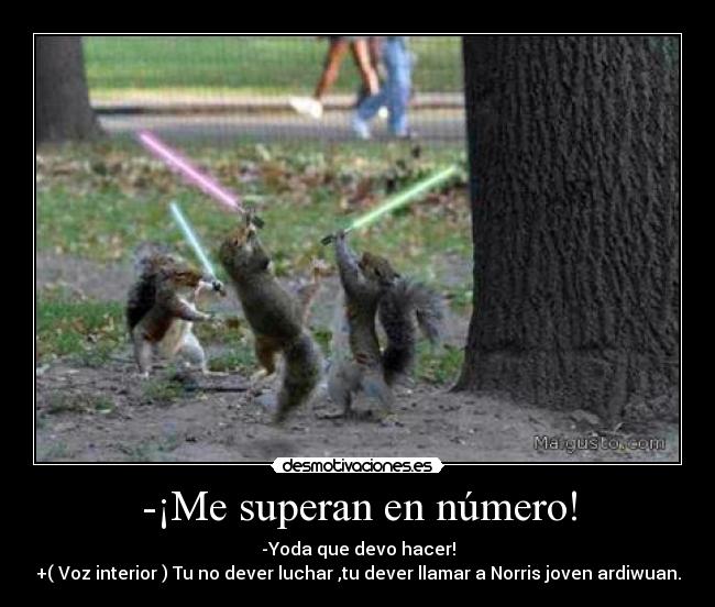 -¡Me superan en número! - -Yoda que devo hacer!
+( Voz interior ) Tu no dever luchar ,tu dever llamar a Norris joven ardiwuan.