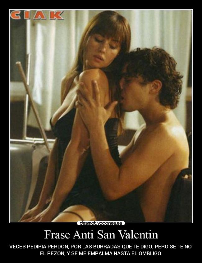 Frase Anti San Valentin - A VECES PEDIRIA PERDON, POR LAS BURRADAS QUE TE DIGO, PERO SE TE NOTA
EL PEZON, Y SE ME EMPALMA HASTA EL OMBLIGO