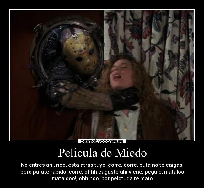 Pelicula de Miedo - No entres ahi, noo, esta atras tuyo, corre, corre, puta no te caigas,
pero parate rapido, corre, ohhh cagaste ahi viene, pegale, mataloo
matalooo!, ohh noo, por pelotuda te mato