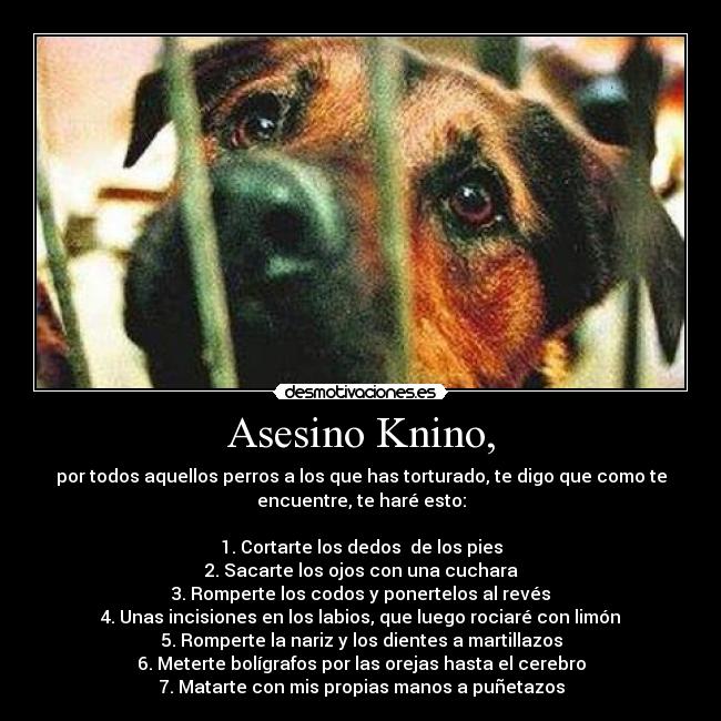 Asesino Knino, - por todos aquellos perros a los que has torturado, te digo que como te
encuentre, te haré esto:
1. Cortarte los dedos de los pies
2. Sacarte los ojos con una cuchara
3. Romperte los codos y ponertelos al revés
4. Unas incisiones en los labios, que luego rociaré con limón
5. Romperte la nariz y los dientes a martillazos
6. Meterte bolígrafos por las orejas hasta el cerebro
7. Matarte con mis propias manos a puñetazos