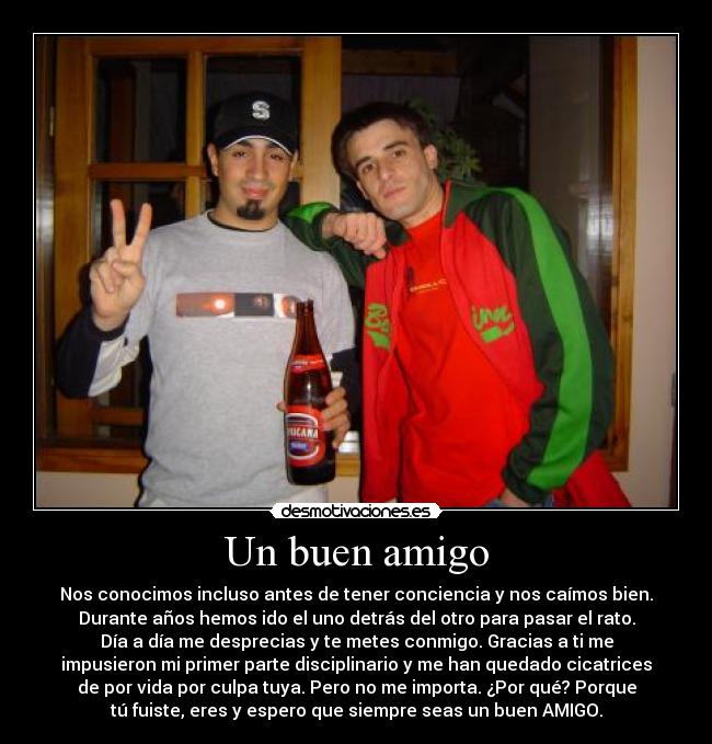 Un buen amigo - Nos conocimos incluso antes de tener conciencia y nos caímos bien.
Durante años hemos ido el uno detrás del otro para pasar el rato.
Día a día me desprecias y te metes conmigo. Gracias a ti me
impusieron mi primer parte disciplinario y me han quedado cicatrices
de por vida por culpa tuya. Pero no me importa. ¿Por qué? Porque
tú fuiste, eres y espero que siempre seas un buen AMIGO.