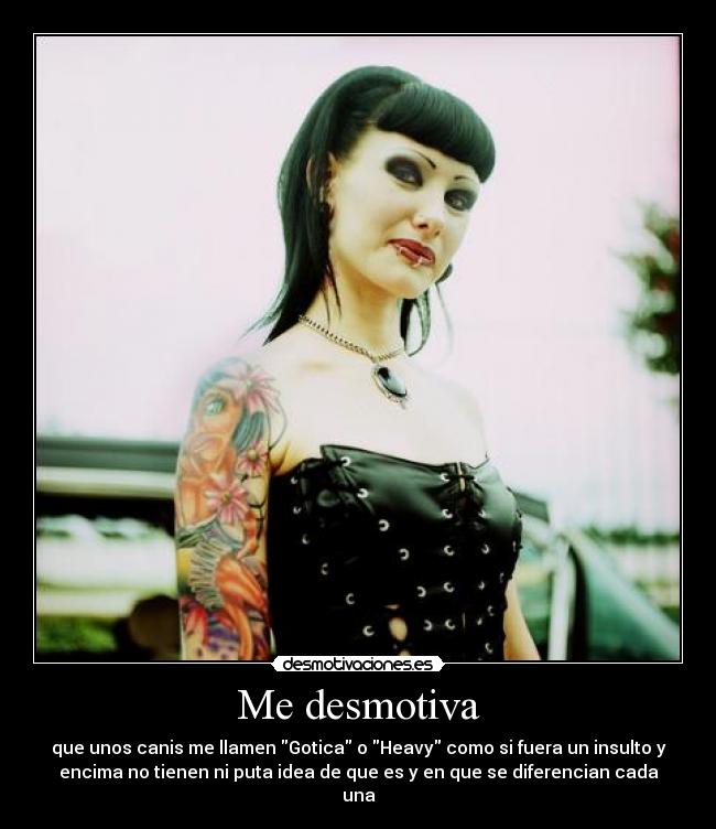 Me desmotiva - que unos canis me llamen Gotica o Heavy como si fuera un insulto y
encima no tienen ni puta idea de que es y en que se diferencian cada
una