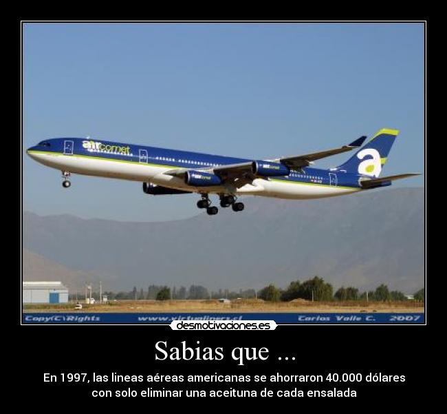Sabias que ... - En 1997, las lineas aéreas americanas se ahorraron 40.000 dólares
con solo eliminar una aceituna de cada ensalada