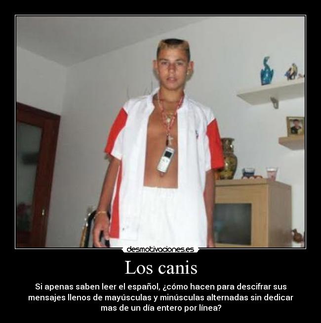 Los canis - Si apenas saben leer el español, ¿cómo hacen para descifrar sus
mensajes llenos de mayúsculas y minúsculas alternadas sin dedicar
mas de un día entero por línea?
