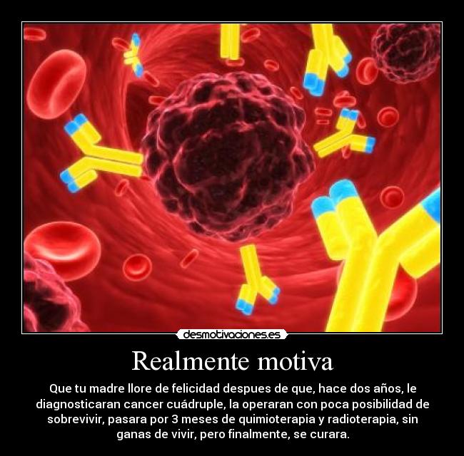 Realmente motiva - Que tu madre llore de felicidad despues de que, hace dos años, le
diagnosticaran cancer cuádruple, la operaran con poca posibilidad de
sobrevivir, pasara por 3 meses de quimioterapia y radioterapia, sin
ganas de vivir, pero finalmente, se curara.