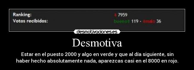 Desmotiva - Estar en el puesto 2000 y algo en verde y que al día siguiente, sin
haber hecho absolutamente nada, aparezcas casi en el 8000 en rojo.