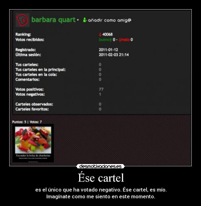 Ése cartel - es el único que ha votado negativo. Ése cartel, es mío.
Imagínate como me siento en este momento.