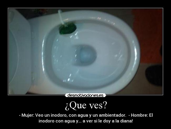 ¿Que ves? - - Mujer: Veo un inodoro, con agua y un ambientador.  - Hombre: El
inodoro con agua y... a ver si le doy a la diana!