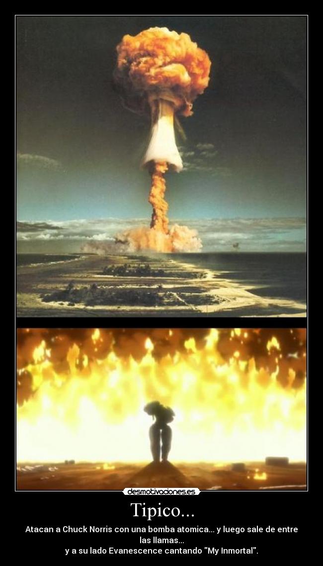 Tipico... - Atacan a Chuck Norris con una bomba atomica... y luego sale de entre las llamas...
y a su lado Evanescence cantando My Inmortal.